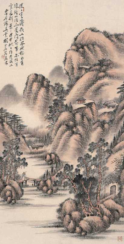 吴石僊 戊申（1908年）作 秋山策杖 立轴